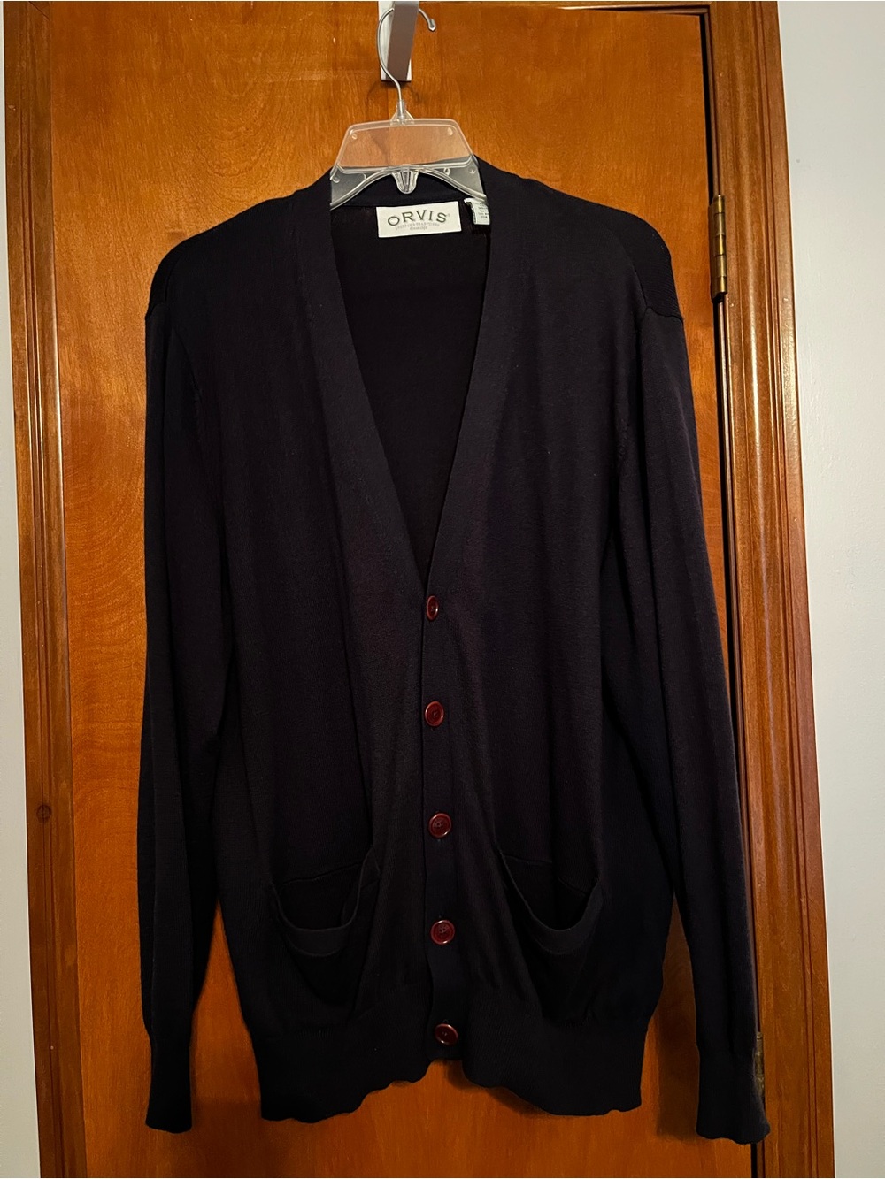 Orvis Men's navy V-Neck Button Cardigan with Brown Buttons